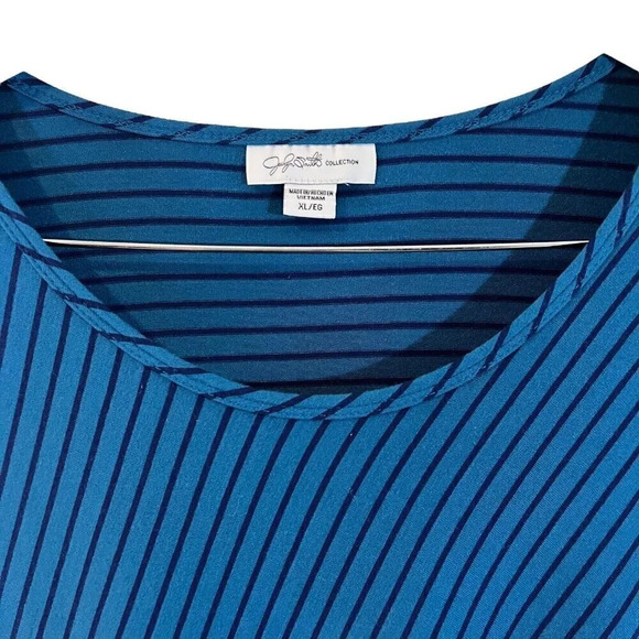 Jaclyn Smith Pointed Asymmetrical Hem Tunic XL Stretch Knit Teal Navy Stripes - Picture 2 of 4